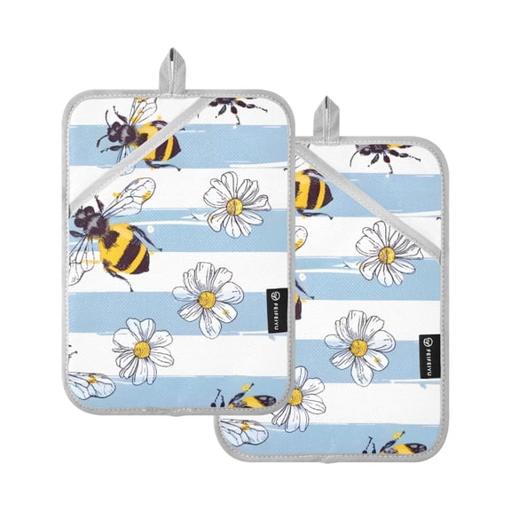 Bees White Flowers Blue and White Stripes Pattern Pot Holder Set 2 Piece Non-Slip Oven Hot Pads Heat Resistant Durable 7x9.8in