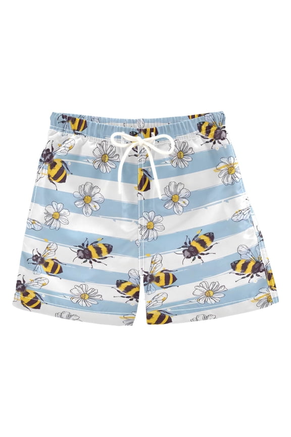 Bees White Flowers Blue and White Stripes Pattern Swim Trunks Quick Dry Beach Pool Board Shorts Lightweight Stylish Print Sizes 2T to XL