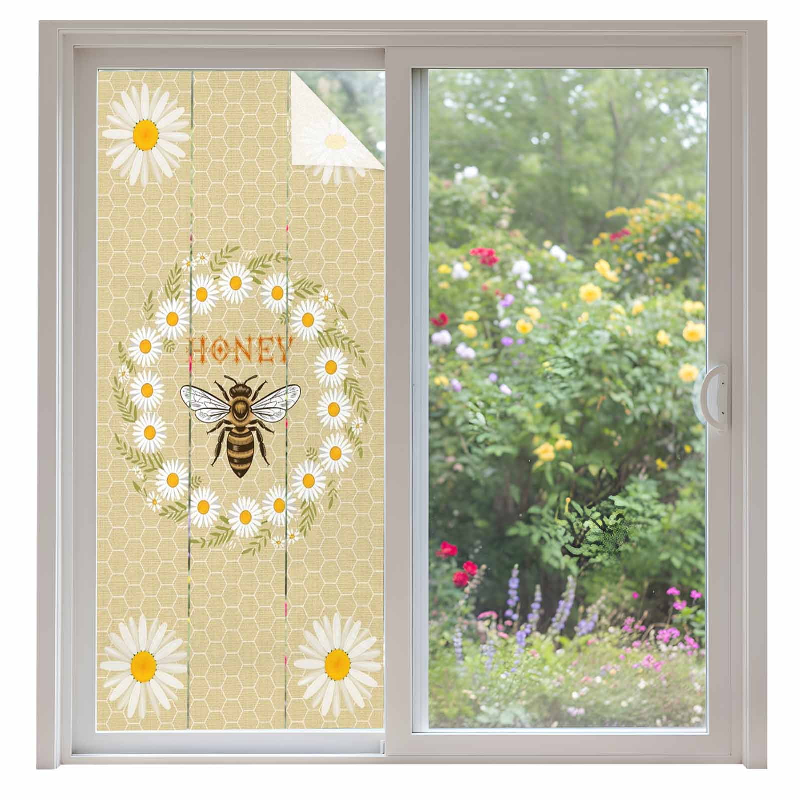 Bees Window Privacy Film, Daisy Flowers Spring Summer Honey Floral Leaf ...