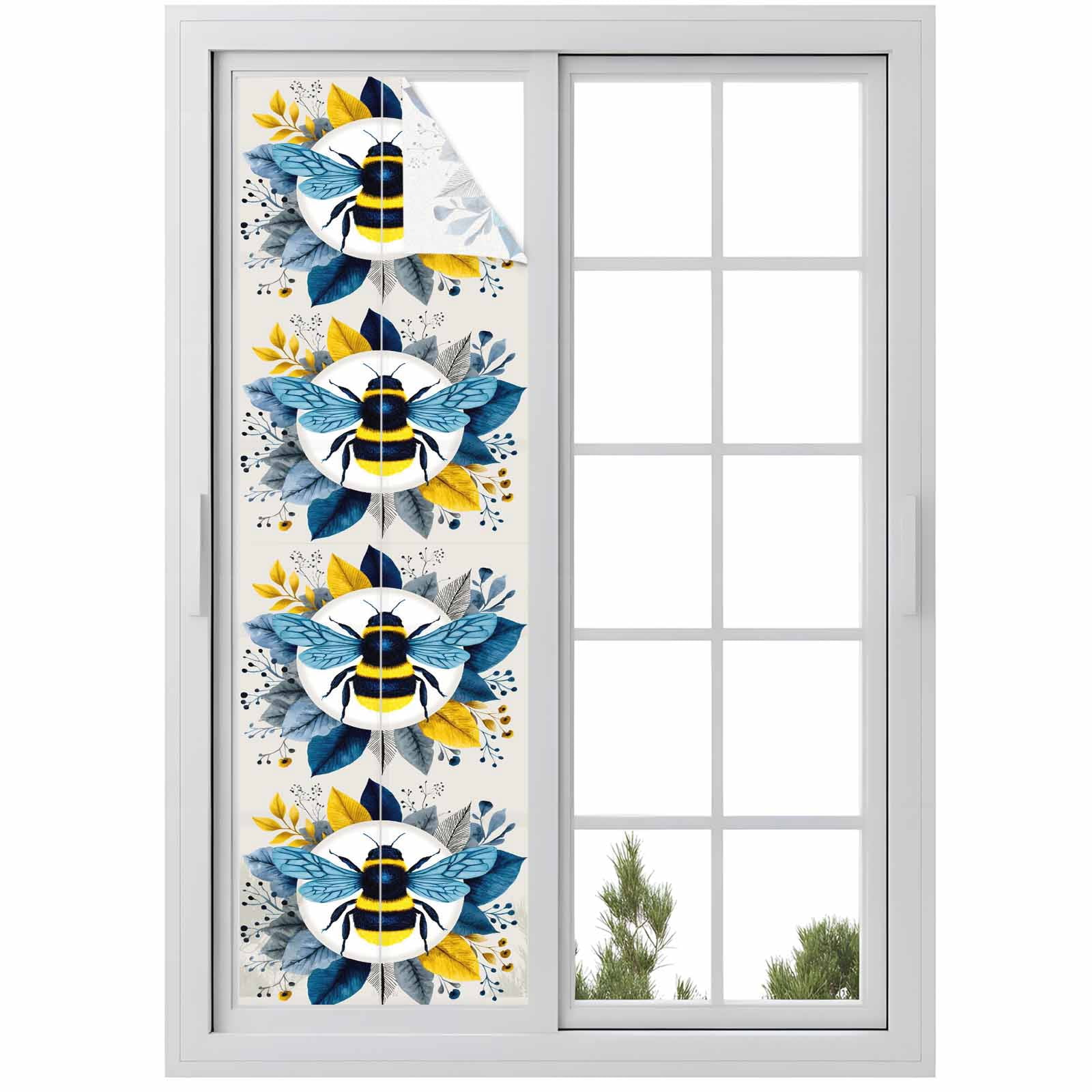 Bees Window Privacy Film, Gold Blue Leaves Plant Bee Beige Texture ...