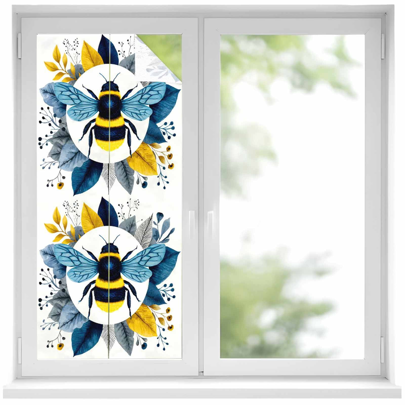 Bees Window Privacy Film, Gold Blue Leaves Plant Bee Frosted Glass ...