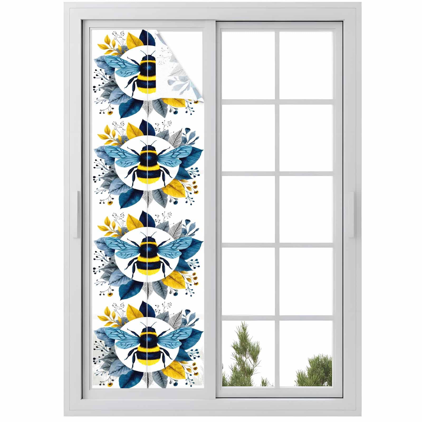 Bees Window Privacy Film, Gold Blue Leaves Plant Bee Frosted Glass ...