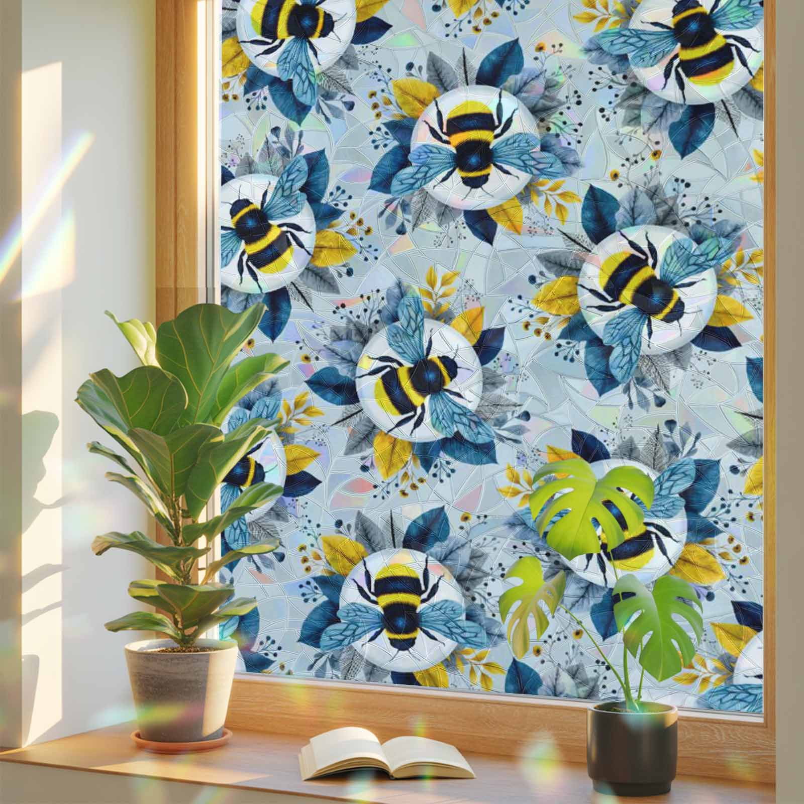Bees Window Privacy Film, Yellow Blue Leaves Bee Blue Texture Stained ...