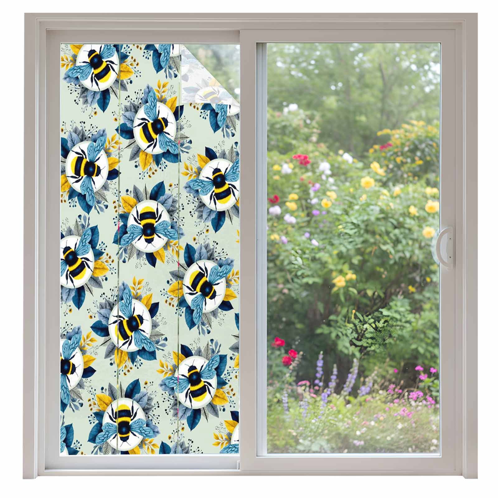 Bees Window Privacy Film, Yellow Blue Leaves Bee Green Texture Frosted ...