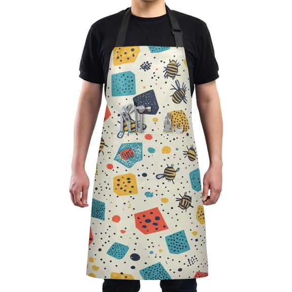 Bees and Colorful Shapes Chef Kitchen Apron with Pockets for Women Waterproof Aprons for Cooking Baking
