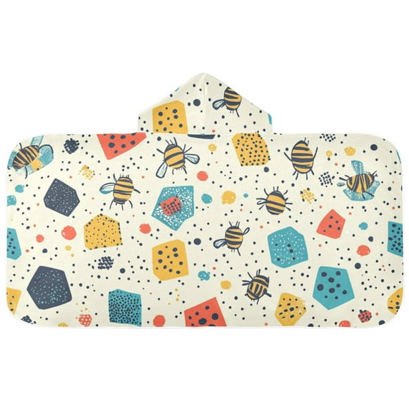 Bees and Colorful Shapes Hooded Beach Towel Kids Bath Towels Quick Dry for Pool Swiming 50" x 23.5" Microfiber Soft Bathrobe