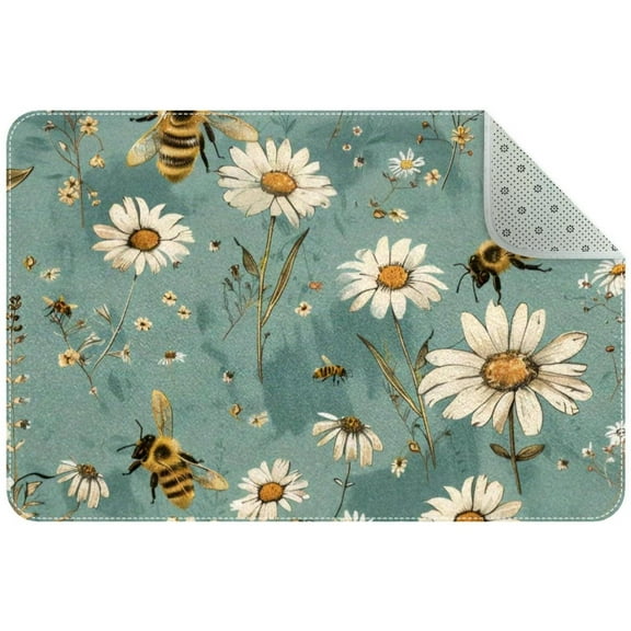 Bees and Daisies Small Area Rug, Non-Slip Door Mat Indoor Floor Mat, Washable Kitchen Rug Entrance Door Mat for Bedroom Living Room