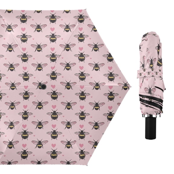 Bees and Heart Compact Sun Umbrella Windproof Travel Umbrellas for Rain Strong Portable UV Protection