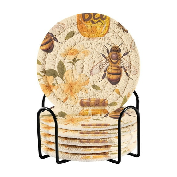 Bees and Honey Coasters with Holder for Coffee Table 6 Pcs Drink Coaster Sets Absorbent for Home Decor 4 inch