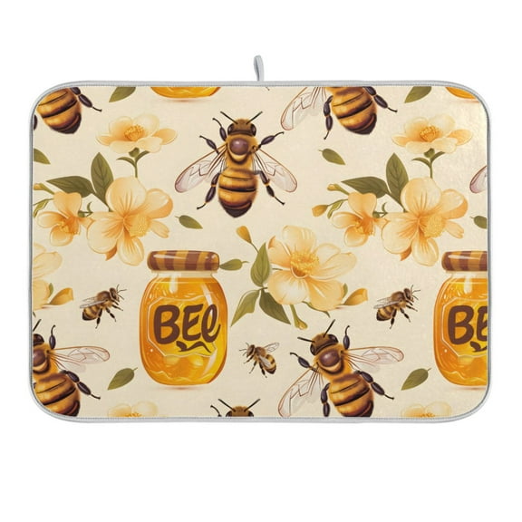 Bees and Honey Dish Drying Mat 16x18 Absorbent Microfiber Draining Rack Pad for Kitchen Counter Sink