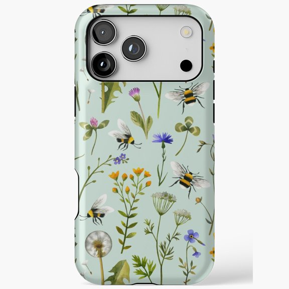 Bees and Wildflowers on Mint Green Spring Botanical Art Case for iPhone 11 12 13 14 15 16 17 Pro Max
