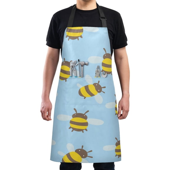 Bees on Light Blue Chef Kitchen Apron with Pockets for Women Waterproof Aprons for Cooking Baking