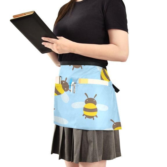 Bees on Light Blue Server Apron with 3 Pockets Waist Apron for Waiter Waitress