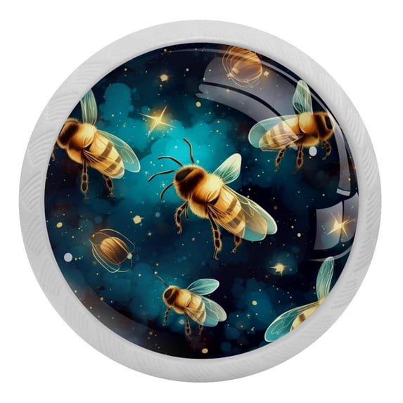 Bees on Starry Sky Glow in The Dark Crystal Glass Cabinet Knobs 4 Pcs Drawer Handles for Kitchen Cabinets Dresser Cupboard Wardrobe