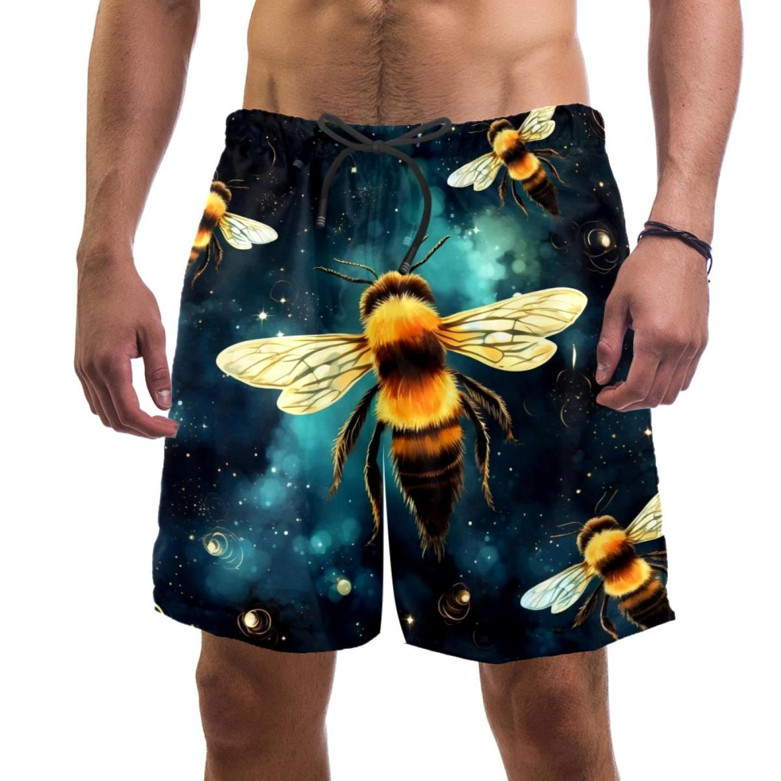 Bees on Starry Sky Men's Swim Trunks, Quick Dry Swimwear Bathing Suit