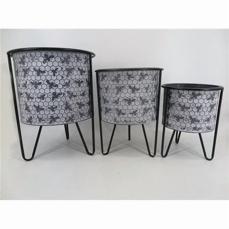 Bees on White Washed Honeycomb Pattern with Metal Frame Planters, Set of 3