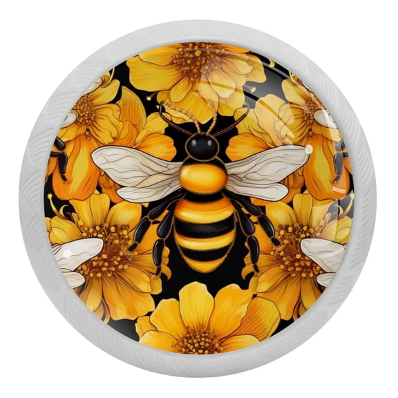 Bees on Yellow Flower Crystal Glass Drawer Knob Pull Ergonomic 30mm Circle Glowing Furniture Cabinet Handle for Kitchen Dresser Cupboard Wardrobe