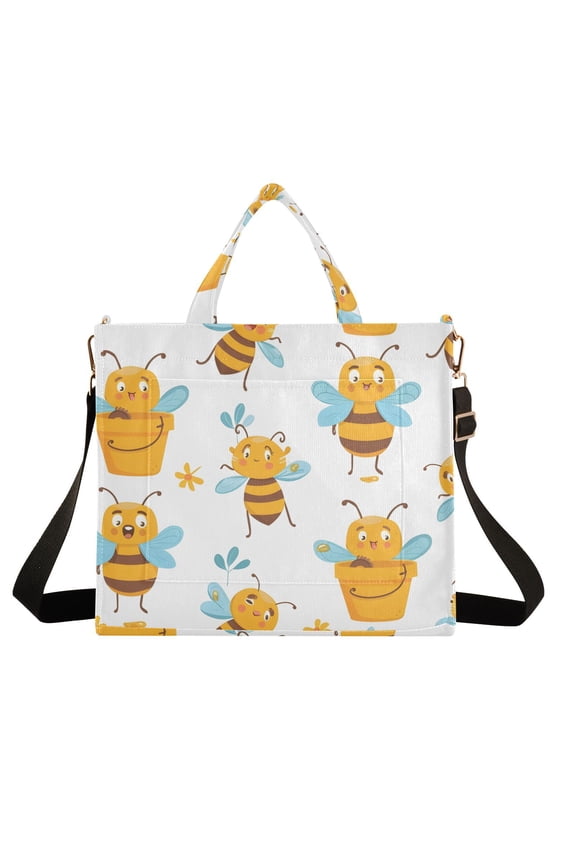 Bees with Leaves Corduroy Tote Bag Handbag Large Messenger Bag Shoulder Crossbody Zipper Bag Purse