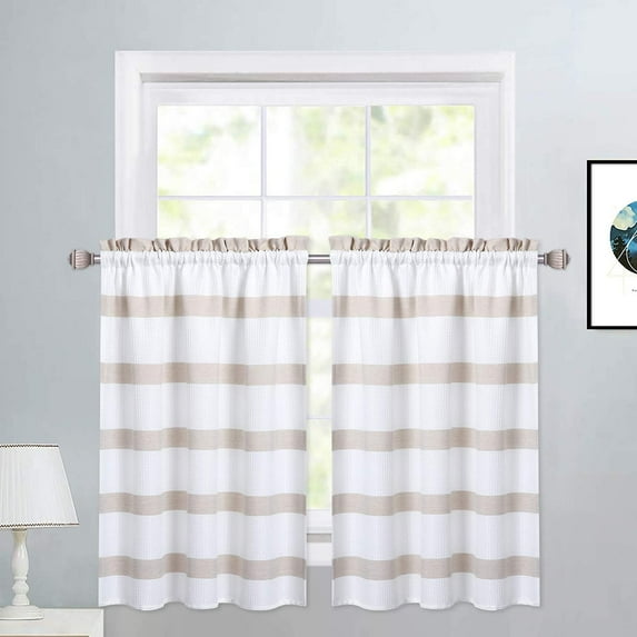 BeesClover Tier Curtains for Kitchen Window, Heavyweight Yarn Dyed Striped Pattern Bathroom Window Curtain, Waffle Weave Textured Window Treatment Decor Curtains, 30" W x 30" L, Taupe, Set of 2