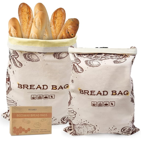 Beeswax Bread Bags for Homemade Bread, 2-Pack Reusable Sourdough Bread Storage Bags - 13x17 Inch Eco-Friendly Food Wrap, Linen Bread Bag Alternative, Beeswax Food Storage