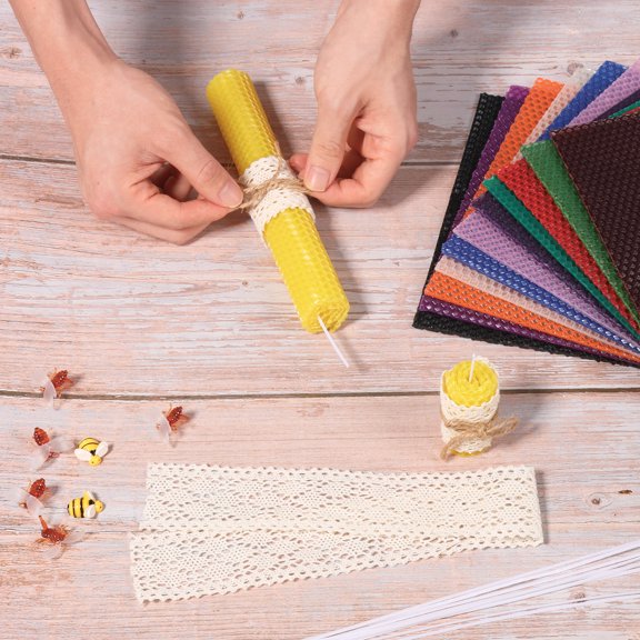 Beeswax Candle Making Kit for Kid Bee Wax 12 Sheet DIY Candle Rolling Supply for DIY Art Craft Project for Boy and Girl Includes Wick Ribbon Rope Bee Decor