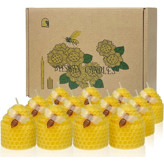 Beeswax Candles Bulk Set of 12, Bee Candles with Little Bee Ornament Decors, Bee Themed ,Unscented& &Dripless, Dia 1.77" x1.97" Each, Yellow