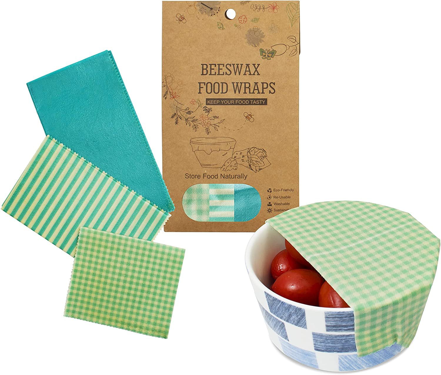 3Pcs Reusable Food Wraps Natural Beeswax (3 Sizes) by Ecologie
