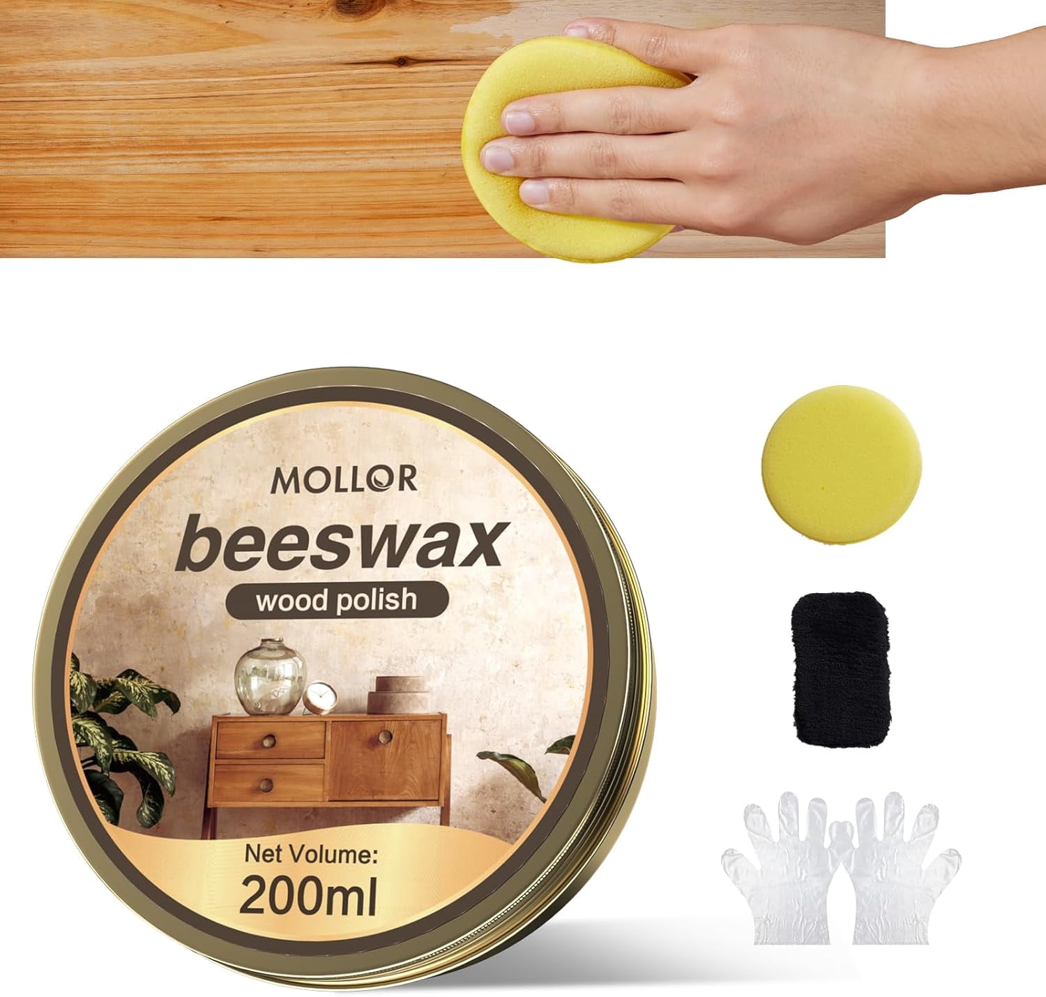 Beeswax Furniture Polish, Cabinet and Table Restorer, Natural Wood Conditioner, Multipurpose Beeswax for Wooden Tools, Protects for a Perfect Finish Bees Wax Polish (1 x 200g with 1 Sponge)