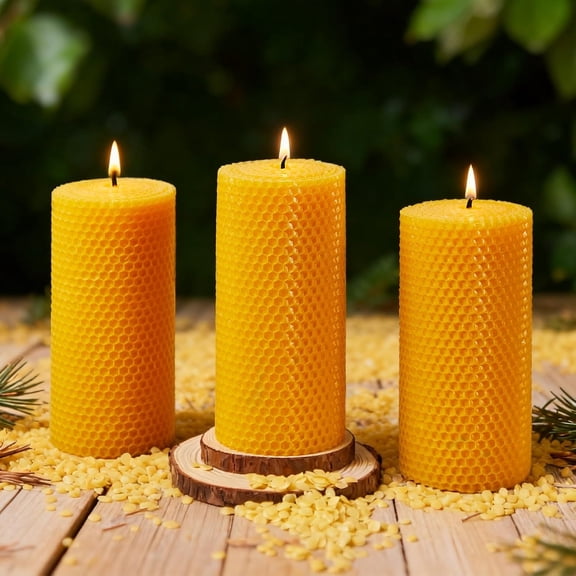Beeswax Pillar Candles, 3x6 Inch -Set of 3 Hand-Rolled Honeycomb Candle - Long Burning 135+ Hours, Dripless Smokeless Unscented Handmade Beeswax for Home Decor, Prayer, Wedding,SPA