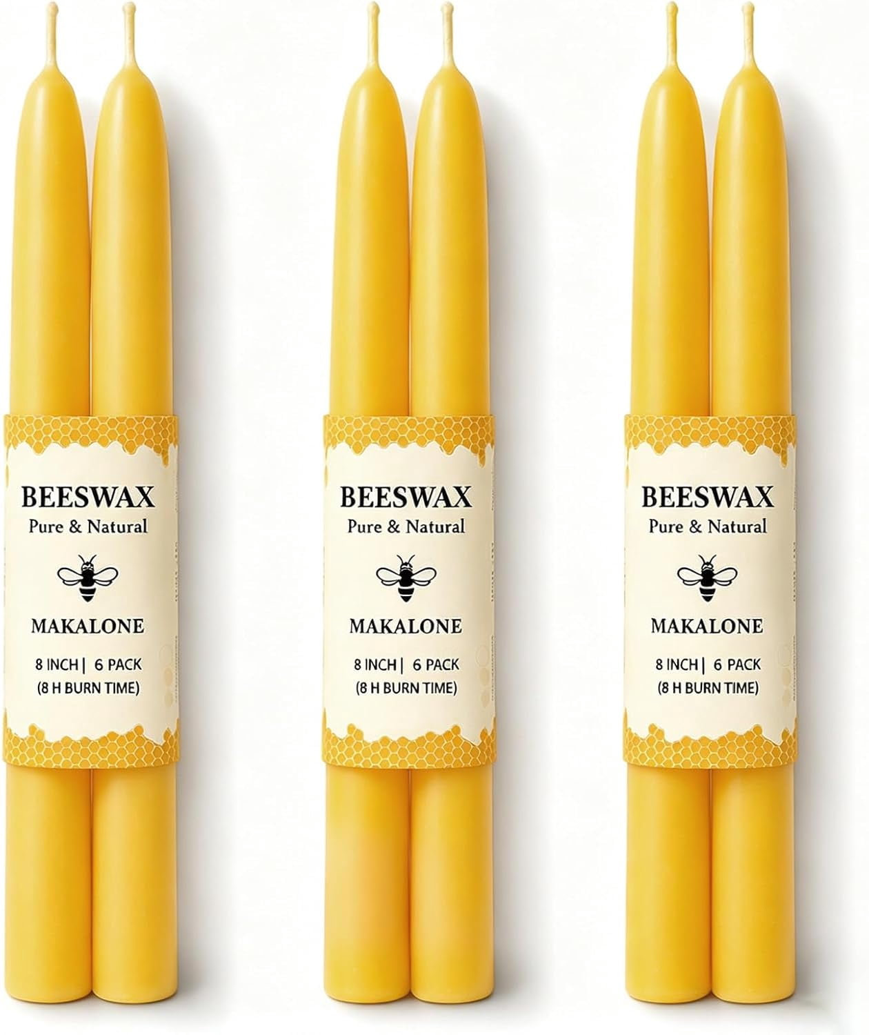 Beeswax Taper Candles,8in Pure Beeswax Candles Bluk-6 Pcs,8 Hours Long Burning Bees Wax Candle for Home,Dripless Smokeless Taper Candle Sticks for Prayer,Party,Unscented Natural Taperd Candles