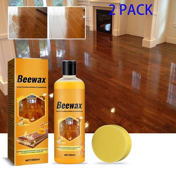 Beeswax Wood Furniture Polish & Conditioner 3.38 fl oz (100ml), 2 Pack Natural Wood Protector, Scratch Remover & Color Restorer with Applicator Sponge for Floors & Furniture