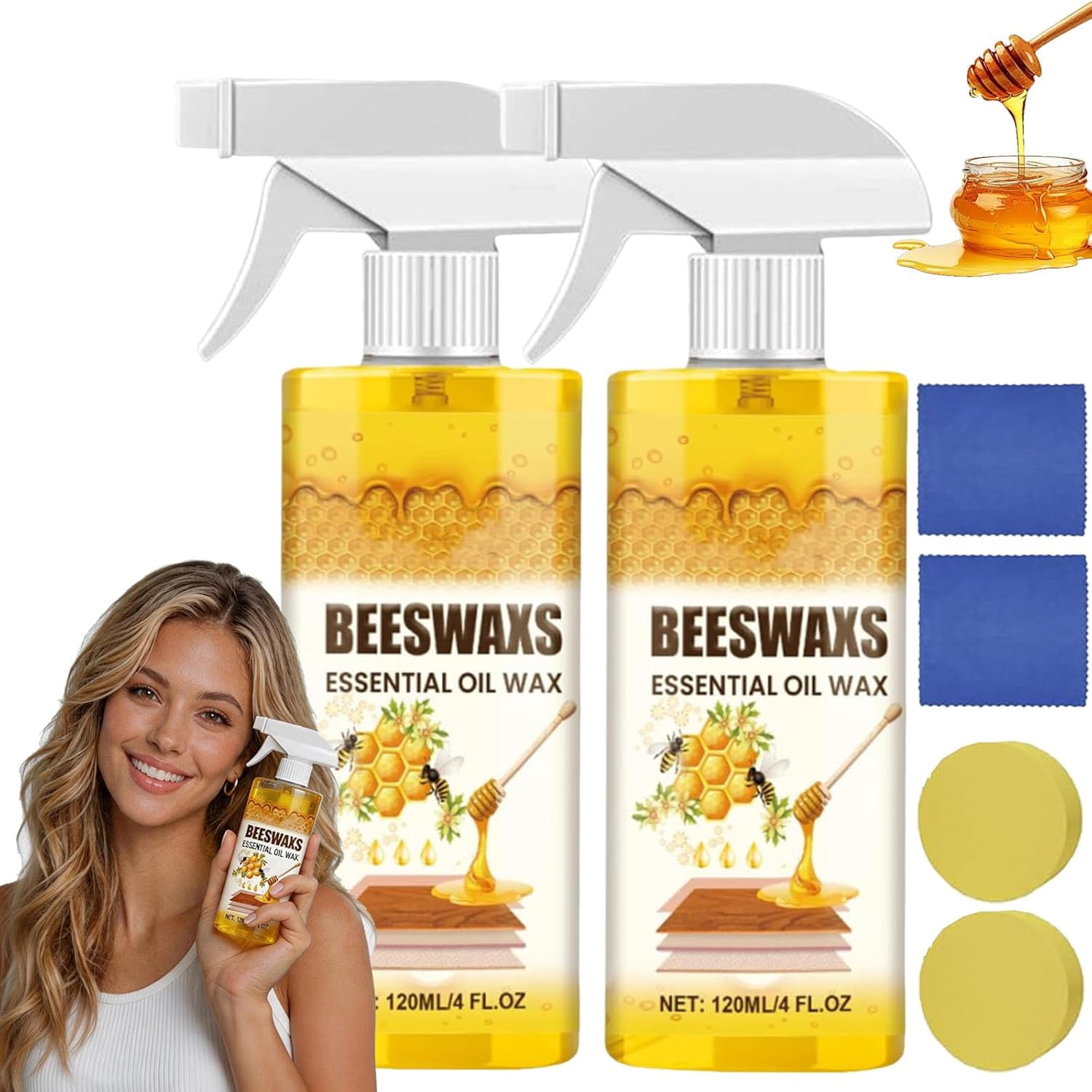 Beeswax Wood Polish Spray,Beeswax Wood Conditioner, Bees wax Essential OilWax, Bees Wax furniture Polish and Cleaner Natural Wood Polish for Floors and Furniture (2pcs)