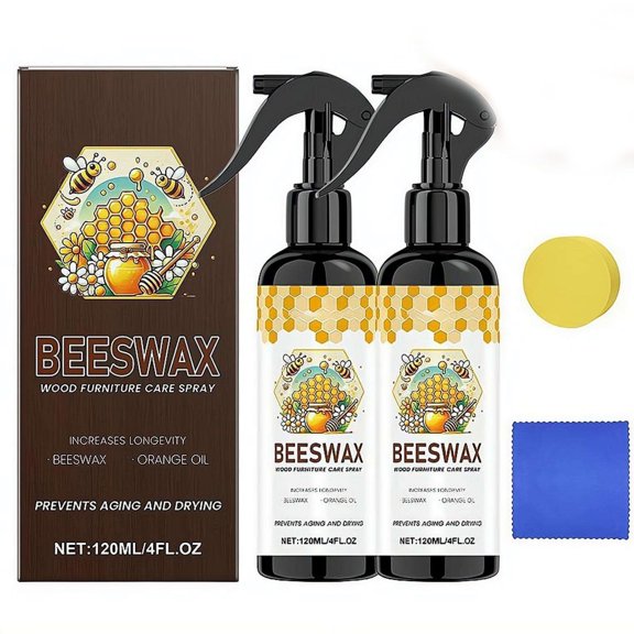 Beeswax Wood Polish Spray and Cleaner, Natural Furniture Restorer with Essential Oils for Floor, Table, and Cabinet Care, Non-Greasy Wood Finish Conditioner, Includes Sponge & Cloth,120ML