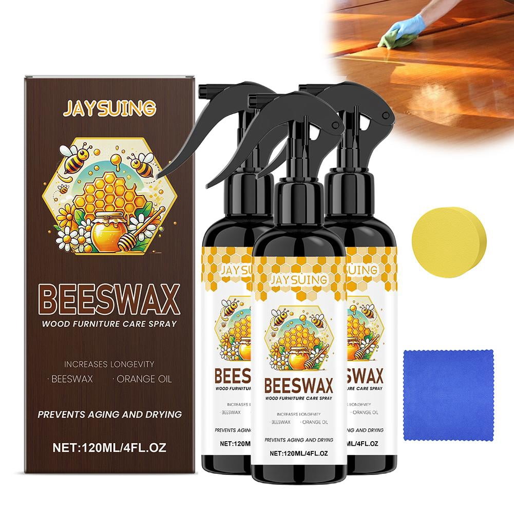 Beeswax Wood Polish Spray and Cleaner, Natural Furniture Restorer with Essential Oils for Floor, Table, and Cabinet Care, Non-Greasy Wood Finish Conditioner, Includes Sponge & Cloth,120ML
