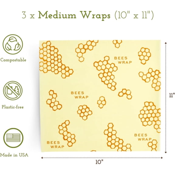 Beeswax Wraps for Food - Honeycomb Medium 3 Pack Made in USA Reusable & Organic Food Wraps, Sandwich Wrap & Bowl Covers - Eco-Friendly Alternative to Aluminum Foil & Plastic Wrap