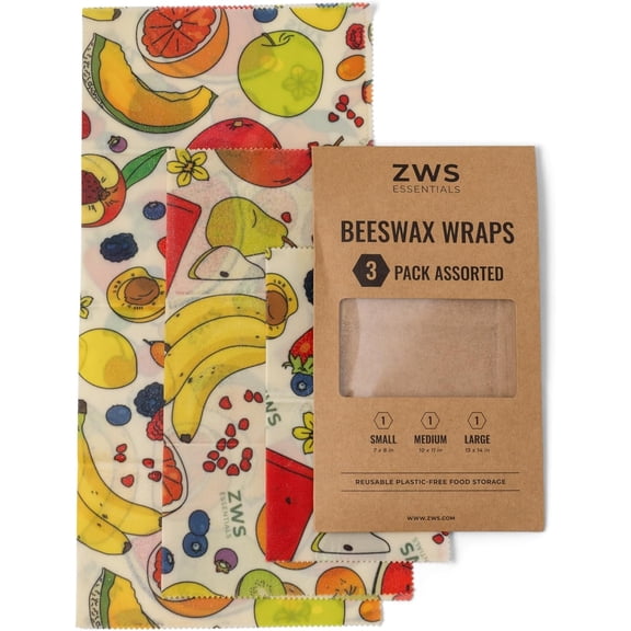Beeswax Wraps, Reusable Cotton Food Storage Set for Kitchen, Lunch, Bread, Snacks, Bowls. Eco-Friendly Plastic-Free Alternative. 3-Pack Assorted - Fruits by Zero Waste Store