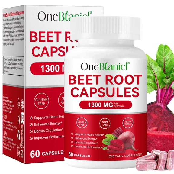 Beet Root 1300mg, Beet Root Dietary Supplement, Supports Heart Health, 60 Capsules