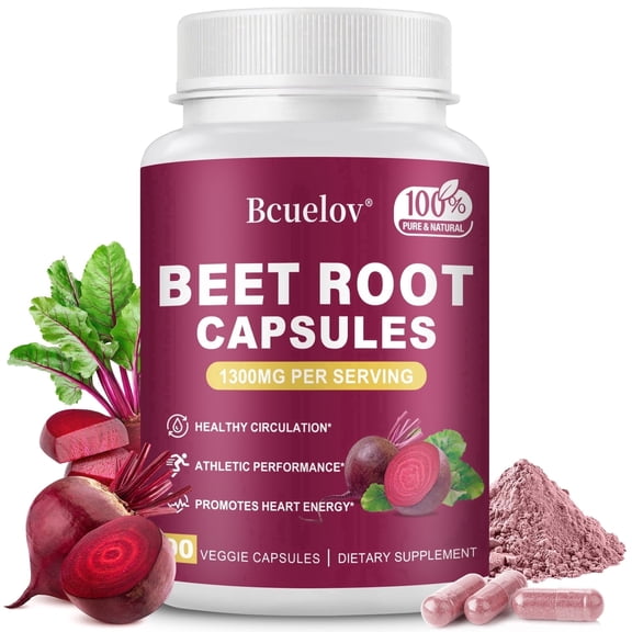 Bcuelov Beet Root Capsules 1300mg Blood Pressure Energy Endurance Support Vegan Gluten-Free 90 Count