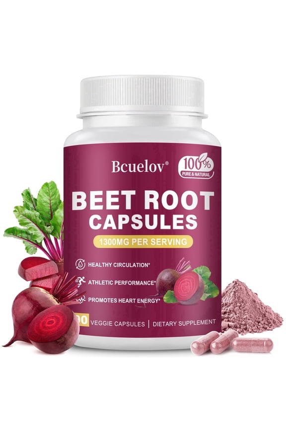 Beet Root Capsules 1300mg Blood Pressure Energy Endurance Support Vegan Gluten-Free 90 Count