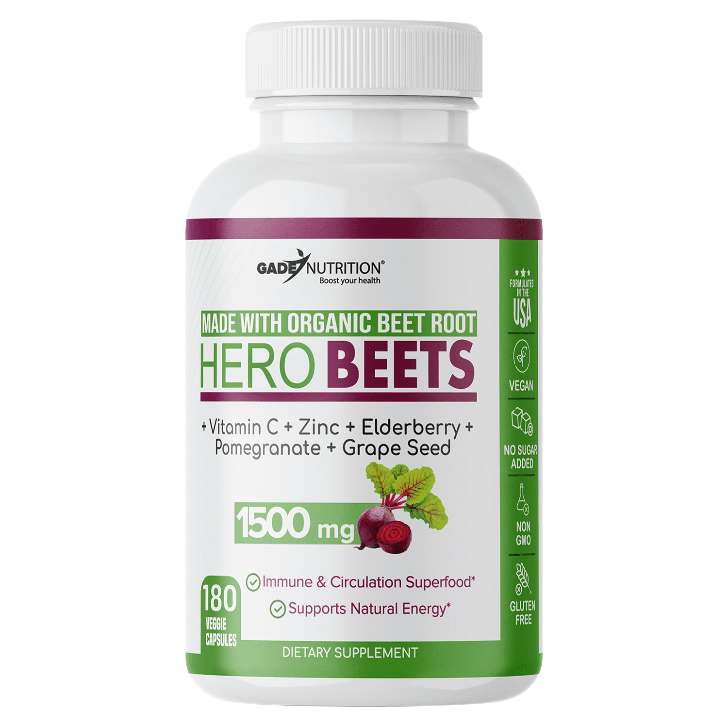 Beet Root Capsules 1500mg. with Vitamin C, Zinc, Elderberry