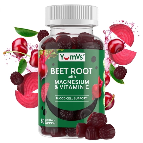 YUM-Vs Beet Root Gummies with Magnesium & Vitamin C, Heart Health & Energy Support, Berry Flavor, 60 Count