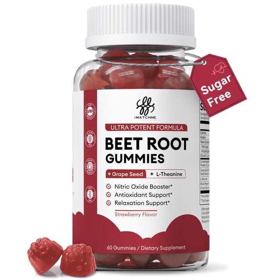 Beet Root Gummies, Beet Chews for Energy Boost & Heart Health Support, Sugar-Free Vegan, 60 CT