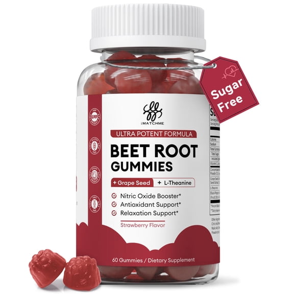 Beet Root Gummies, Beet Chews for Energy Boost & Heart Health Support, Sugar-Free Vegan, 60 CT