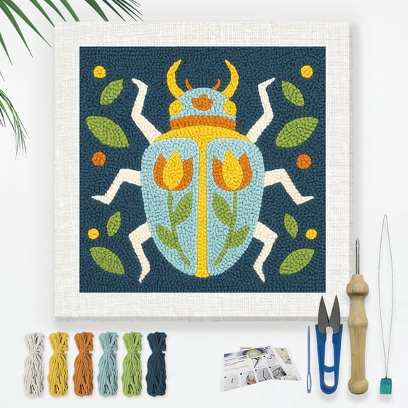 Beetle DIY Punch Needle Embroidery Kit Adult Beginner 9.4" Scarab Flower Animal Punch Stitching Craft Set