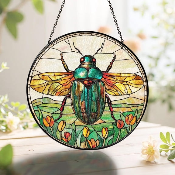 Beetle Glass Suncatcher, Bug Window Hanging, Atlas Beetle Insect Lover Decor, 7.9 in