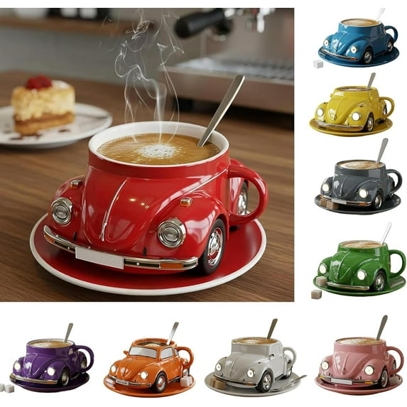 Beetle Shaped Coffee Mug, Handmade Ceramic Beetle Shaped Coffee Mugs, Novelty Tea Cup Home Office Decor, Car Shaped Coffee Mug for Car Fans, Creative Gifts for Beetle Lovers (Red)