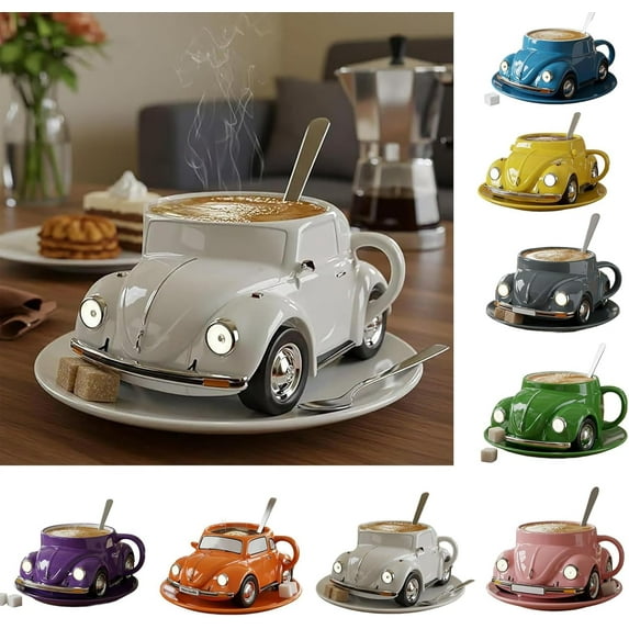 Beetle Shaped Coffee Mug, Handmade Ceramic Beetle Shaped Coffee Mugs, Novelty Tea Cup Home Office Decor, Car Shaped Coffee Mug for Car Fans, Creative Gifts for Beetle Lovers (White)