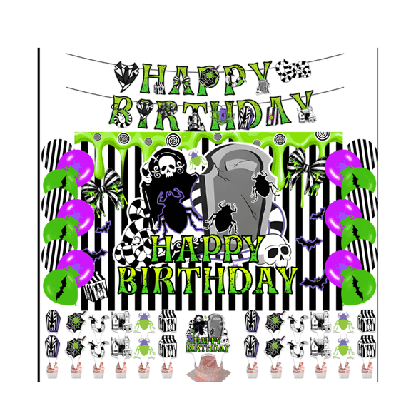 Beetle Themed Birthday Party Supplies with 1Pcs Beetle Theme Banner,1 Pcs Backdrop,25 Pcs Caketoppers,18 Pcs Ballon for kids Horror Movie Birthday Horrible Halloween Party Decorations