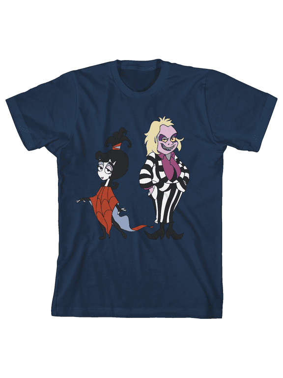 Beetlejuice Animated Series Lydia & Beetlejuice Crew Neck Short Sleeve Navy Blue Boy's T-shirt-Medium