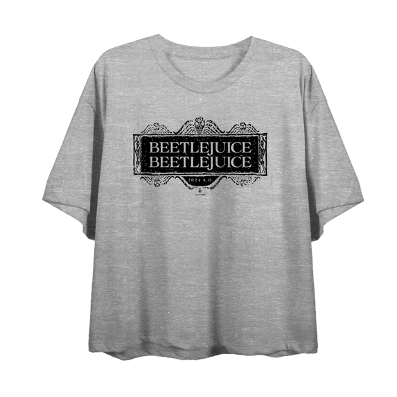Beetlejuice Beetlejuice Black Sign Logo Women's Heather Gray Crop Tee-Small